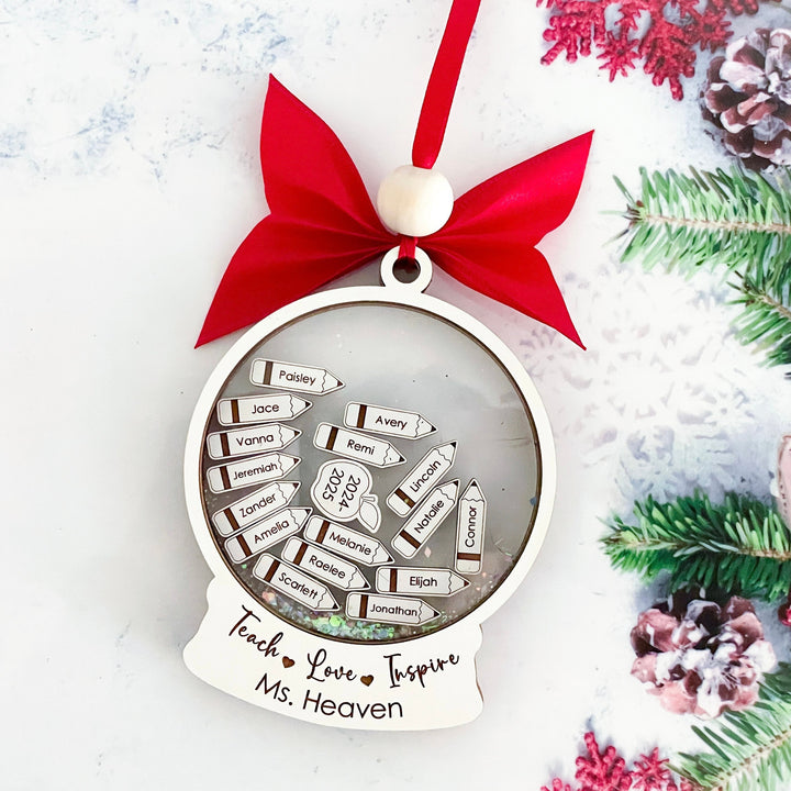 Personalized teacher ornament featuring class list with student names, thoughtful Christmas gift from students to their favorite teacher.