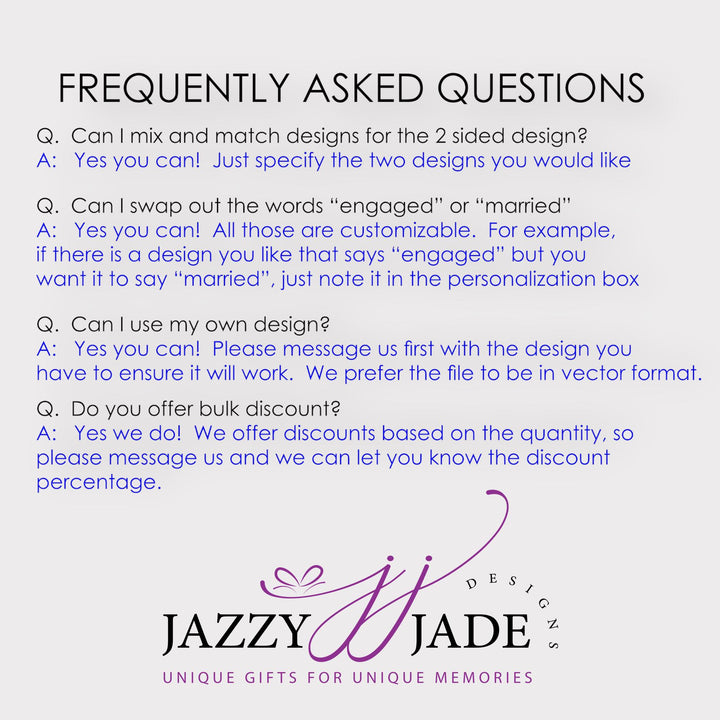 Frequently Asked Questions about personalized wine stoppers, including customization options, design swaps, custom designs, and bulk discount details.
