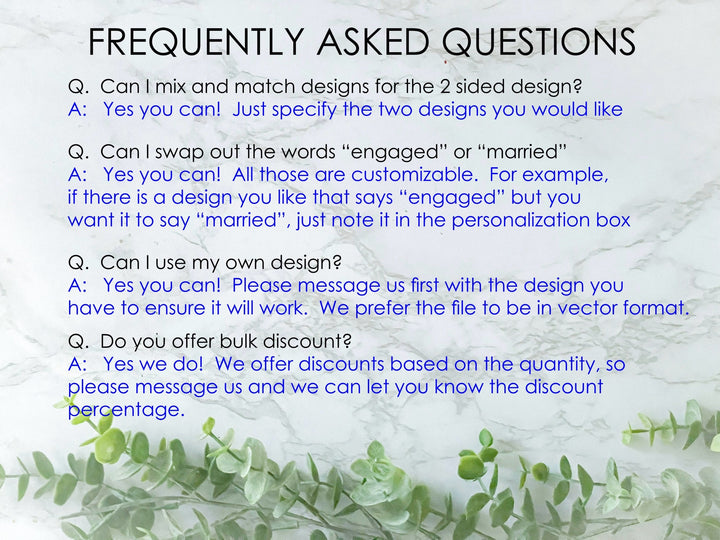 Frequently Asked Questions about personalized wine stoppers, including customization options, design swaps, custom designs, and bulk discount details.