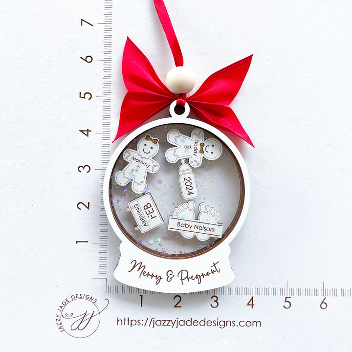 Size of custom pregnancy announcement Christmas ornament with Merry and Pregnant design, personalized for expecting parents.