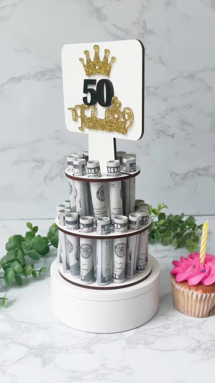 Video of 50th birthday money holder with 25 slots, designed for presenting bills or notes as a creative and personalized milestone birthday gift.