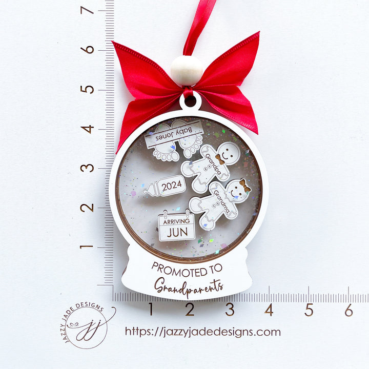 “Promoted to Grandparents” ornament personalized with family name and year, special Christmas ornament for pregnancy announcement.