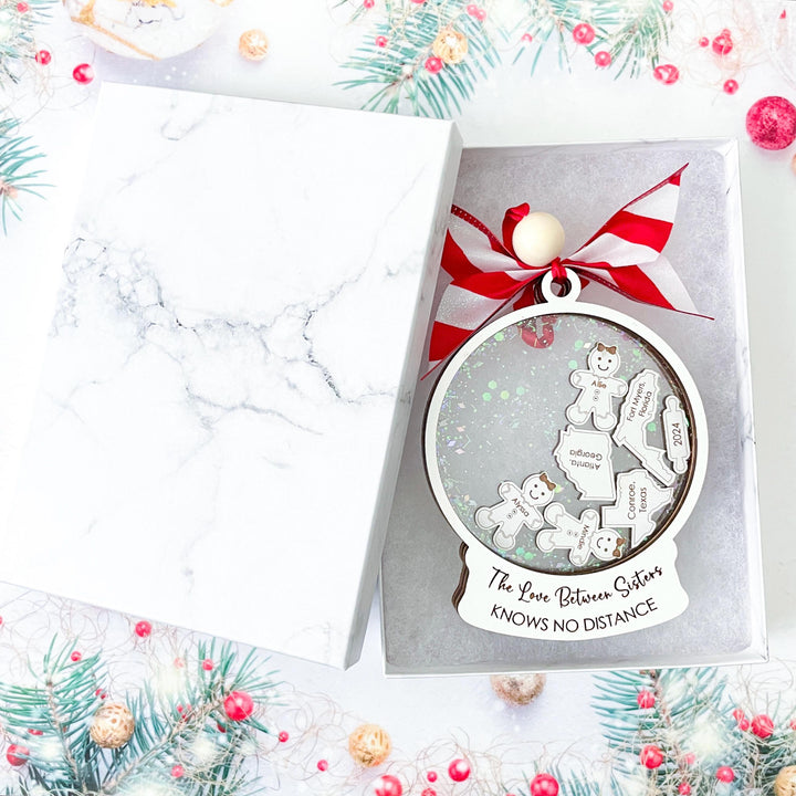 Personalized long distance sister ornament – Custom gift for sisters featuring state outlines and names, perfect for celebrating the bond between sisters across the miles.