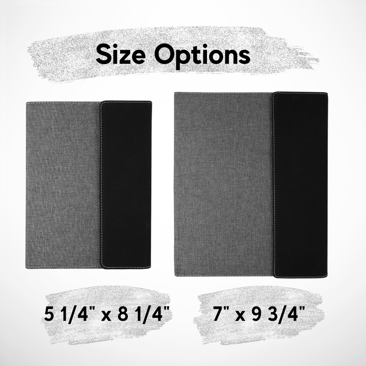 Size options for custom laser-engraved leatherette and canvas portfolios, available in 7" x 9" and 9 1/2" x 12", ideal for corporate branding, executive gifts, and professional use.