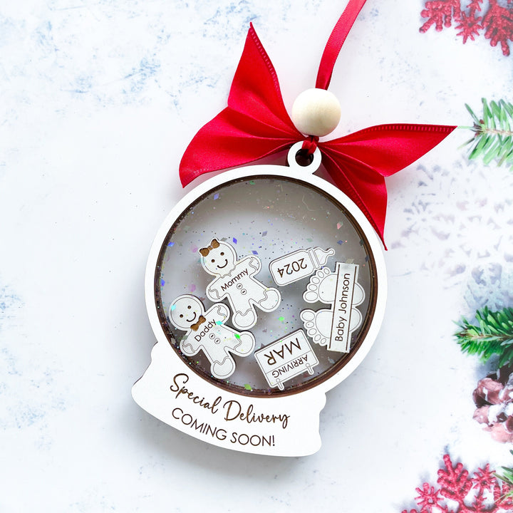 Special Delivery Coming Soon ornament personalized with baby name and year, adorable pregnancy announcement Christmas ornament for expecting parents. This charming Christmas ornament is the perfect way to share your joy with family and friends during the holiday season.
