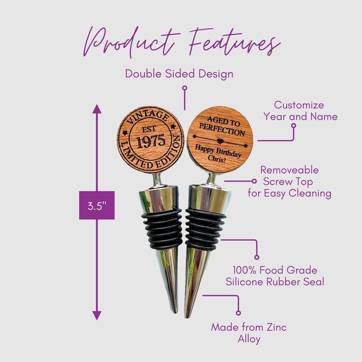 Custom Wine Stopper with Product Features Highlighted: Double-Sided Design, Customizable Year and Name, 3.5-inch Height, Removable Screw Top for Easy Cleaning, 100% Food Grade Silicone Rubber Seal, and Made from Zinc Alloy.