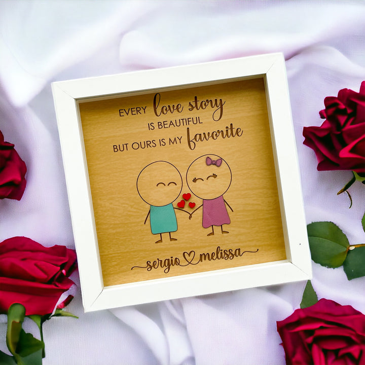 Unique Valentine’s Day or anniversary gift – personalized stick figure couple design in a wooden frame.