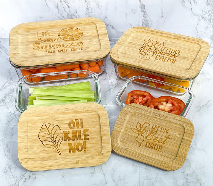 Funny Veggies 4 Piece Set Glass Food Storage Containers with Bamboo Lids