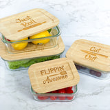 Glass Food Storage Containers with Bamboo Lids for Housewarming, Wedding Gift - Funny Utensils Design