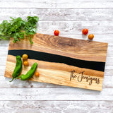 Personalized Black River of Resin and Olive Wood Serving Board, Charcuterie Board for Wedding, Anniversary or Housewarming Gift