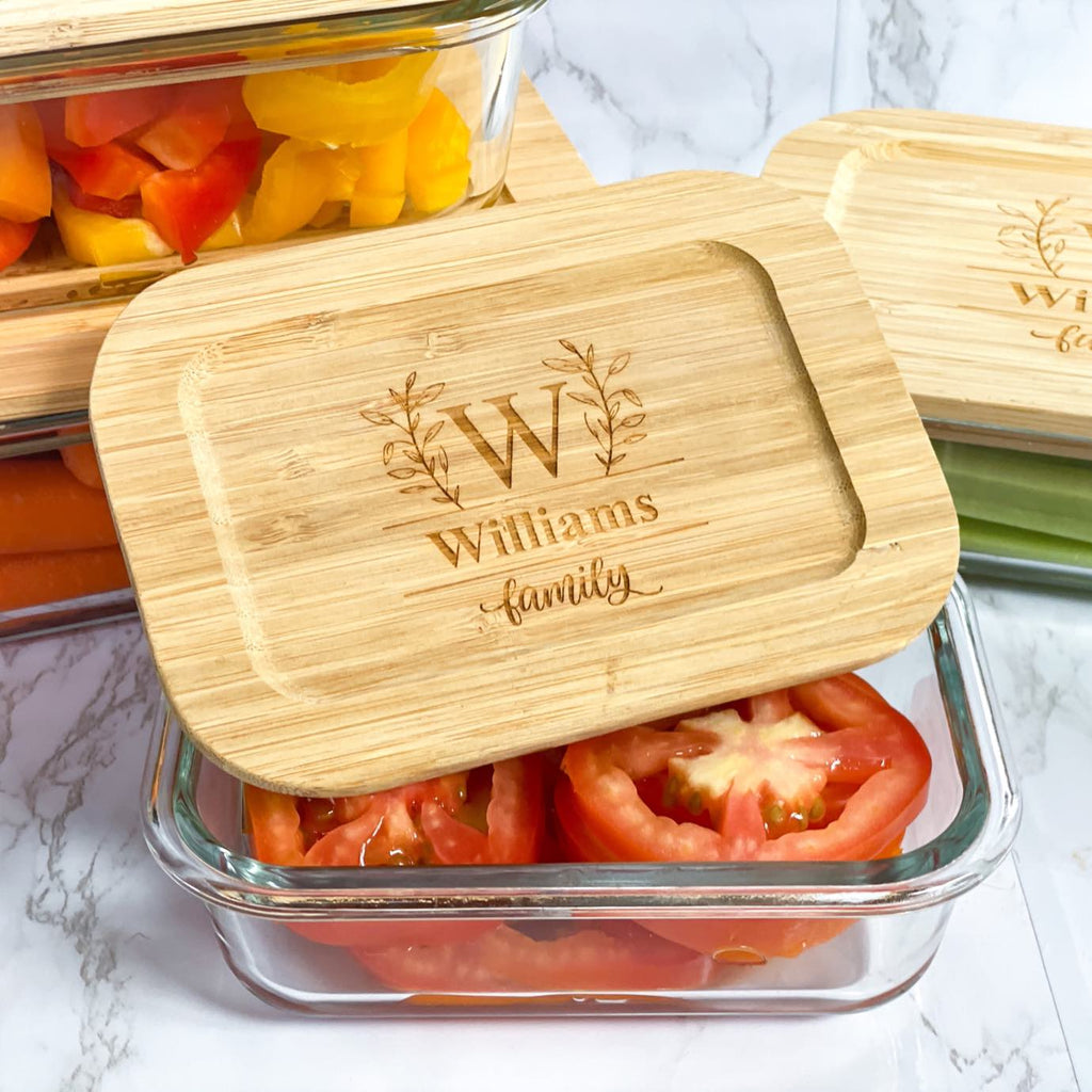 Personalized Glass Food Storage Containers with Bamboo Lids for