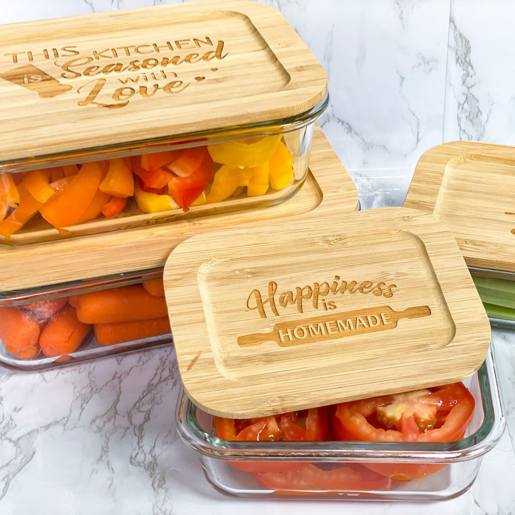 Love & Happiness 4 Piece Set Glass Food Storage Containers with Bamboo Lids