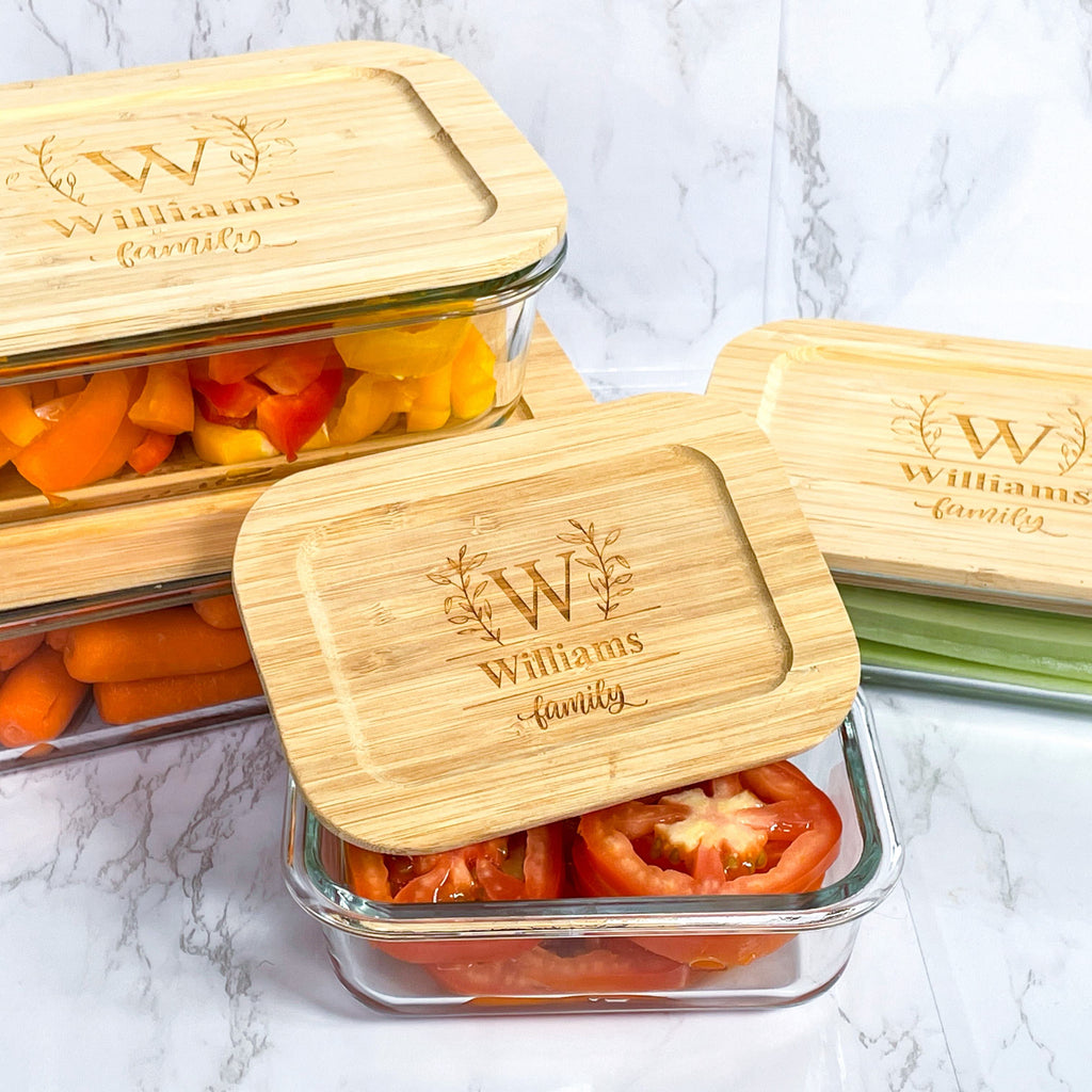 Personalized Glass Food Storage Containers with Bamboo Lids for Housewarming, Wedding Gift