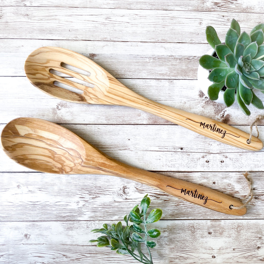 Personalized Olive Wood Spoon and Slotted Spoon, Custom Engraved Wooden Spoons, Personalized Wooden Spoons for Wedding, Anniversary or Housewarming