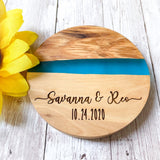 Set of 4 Personalized Olive Wood and Resin Coasters - Blue