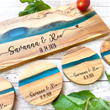 Set of 4 Personalized Olive Wood and Resin Coasters - Blue