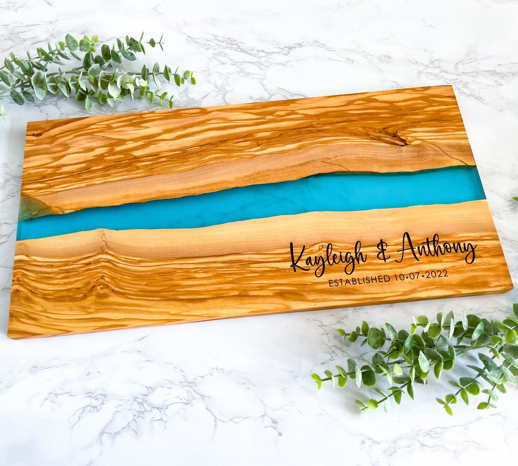 Personalized River of Resin and Olive Wood Serving Board, Charcuterie Board for Wedding, Anniversary or Housewarming Gift