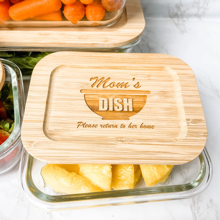 Custom Glass Food Storage Containers with Bamboo Lids for Housewarming or Wedding Gift Mom's Dish Design ideal kitchen storage organizer eco-friendly sustainable containers perfect as a personalized home or kitchen decor gift