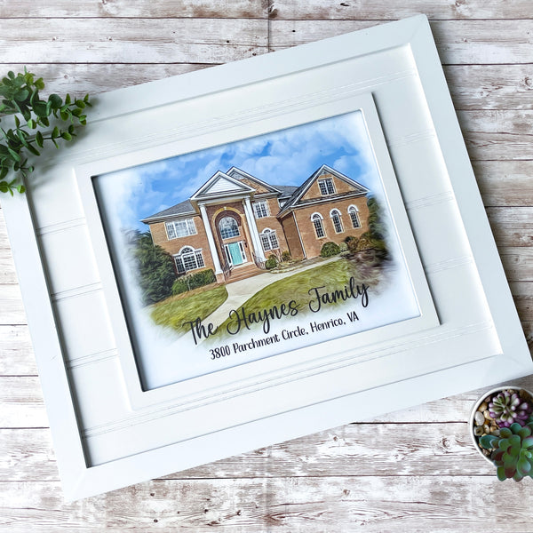 Custom house portrait in digital oil painting style, displayed in a white beadboard frame – perfect housewarming gift or realtor closing gift