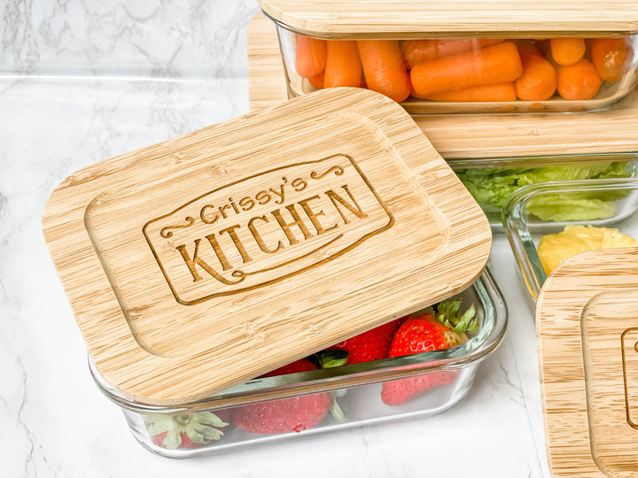 Custom Personalized Kitchen Glass Food Storage Containers with Bamboo Lids Crissy's Kitchen Design set of 4 ideal for pantry organization, kitchen storage, and home decor stylish, eco-friendly, and reusable jars perfect for fresh food storage