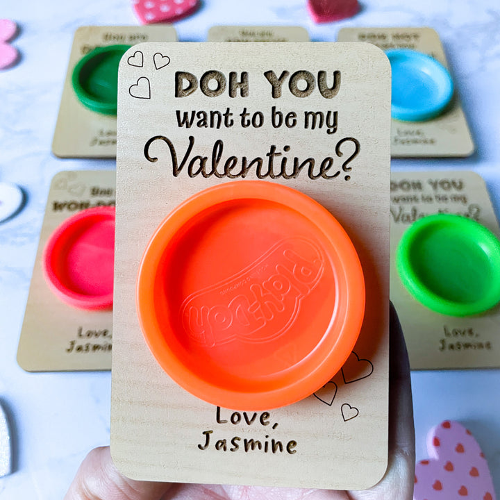 Custom personalized Valentine’s Day PLAY-DOH wood card set of six handmade classroom valentines for kids wooden playdough holders creative and fun non-candy favor perfect for school parties friends toddlers or daycare classroom exchanges