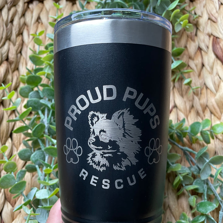 Custom Proud Pups Rescue logo tumbler durable stainless steel travel cup for dog rescue teams animal shelter volunteers or supporters ideal reusable gift promoting pet adoption and rescue awareness thoughtful fundraising or appreciation merchandise
