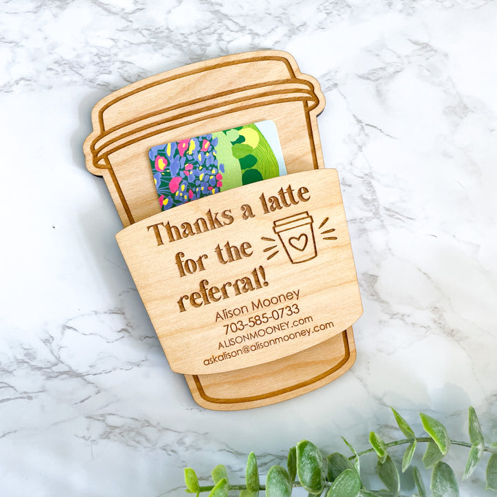 Custom Real Estate Referral Coffee Gift Card Holder personalized for realtor clients luxury housewarming or thank-you gift elegant barista-themed handmade card holder perfect for client appreciation and professional business gifting celebrating relationships and referrals