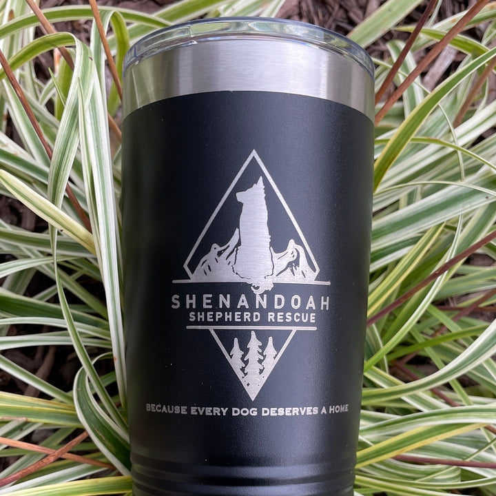 Custom Shenandoah Shepherd Rescue logo tumbler durable stainless steel travel mug personalized for dog rescue volunteers supporters or adopters reusable gift perfect for fundraising events pet adoption awareness and rescue organization branding merchandise