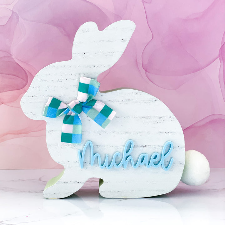Custom wooden Easter bunny engraved with child’s name unique personalized Easter basket stuffer perfect handmade gift for kids toddlers or grandchildren ideal spring decoration keepsake to celebrate Easter traditions with family and loved ones