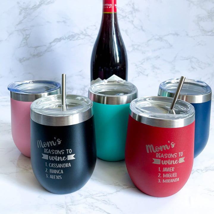 Engraved Personalized Wine Tumbler for Mom “Mom's Reasons To Wine” Funny Wine Tumbler insulated stainless steel travel mug perfect Mother’s Day, birthday, or gift for wine-loving moms custom personalized for daily use