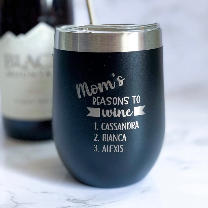 Funny Personalized Wine Tumbler for Mom “Mom's Reasons To Wine” insulated stainless steel travel mug ideal birthday or Mother’s Day gift custom wine tumbler for moms, perfect for wine lovers and daily use