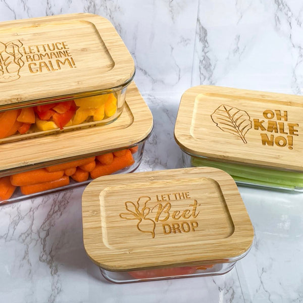 Funny Veggies 4 Piece Set Glass Food Storage Containers with Bamboo Lids perfect for kitchen and pantry organization, eco-friendly reusable jars ideal for storing dry foods, cooking ingredients, and stylish home decor unique gift