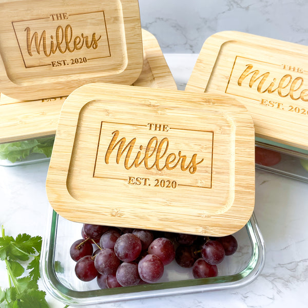 Glass Food Storage Containers with Bamboo Lids for Housewarming or Wedding Gift Miller Family Design perfect kitchen storage organizer set eco-friendly sustainable containers unique gift ideal for home, kitchen, or decorative organization