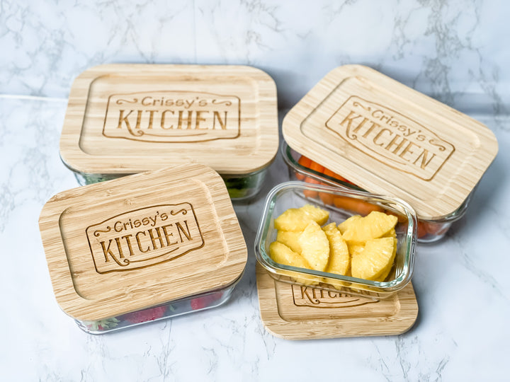 Handmade Personalized Kitchen Glass Food Storage Containers with Bamboo Lids Crissy's Kitchen Design set of 4 ideal for pantry and kitchen organization, home decor, and eco-friendly food storage stylish, practical, and reusable container solution