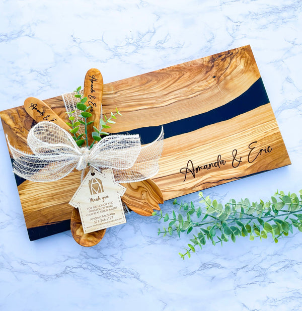 Personalized Black River of Resin and Olive Wood Serving Board custom handmade charcuterie board perfect for weddings anniversaries or housewarming gifts features natural wood and epoxy design ideal for elegant entertaining and luxury kitchen home decor