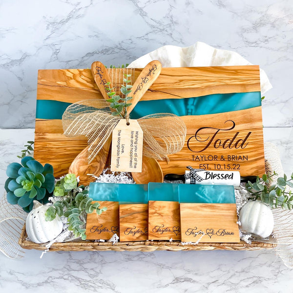 Personalized Blue River of Resin and Olive Wood Serving Board Basket handcrafted luxury home gift perfect for real estate clients or new homeowners unique natural wood kitchen accessory blending art and function with elegant modern design