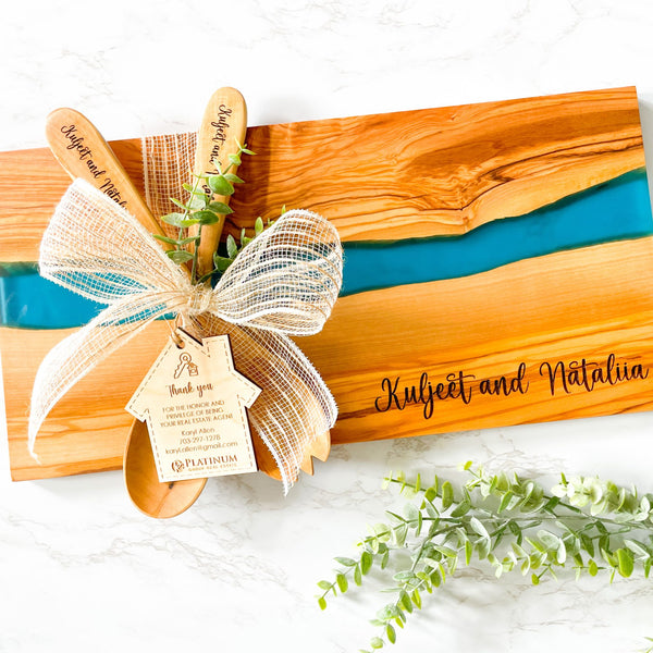 Personalized Blue River of Resin and Olive Wood Serving Board handcrafted charcuterie board perfect for weddings anniversaries or housewarming gifts luxury kitchen accessory featuring natural wood and epoxy design ideal for elegant entertaining