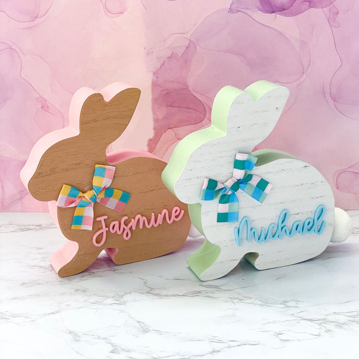 Personalized Easter bunny for kids handmade from wood engraved with name beautiful custom basket stuffer thoughtful gift for toddlers and children perfect spring decoration celebrating Easter with a unique handcrafted keepsake for families and friends