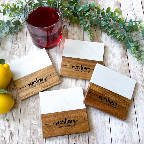 Personalized Engraved Coasters for Wedding Gift, Housewarming Gift, or Realtor Gift set of 4 custom wood coasters perfect for home decor, kitchen accessory, unique personalized gift for weddings, new homeowners, or realtor client appreciation