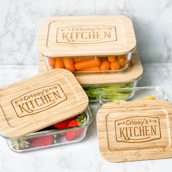 Personalized Kitchen Glass Food Storage Containers with Bamboo Lids Crissy's Kitchen Design set of 4 perfect for pantry organization, kitchen storage, and home decor custom engraved jars stylish, eco-friendly, reusable, and practical storage solution
