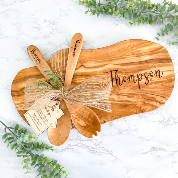 Personalized Olive Wood Cutting Board & Serving Spoon Set handmade and custom engraved luxury kitchen accessory perfect for weddings, anniversaries, or housewarming gifts elegant charcuterie board and spoon featuring natural wood design ideal for entertaining