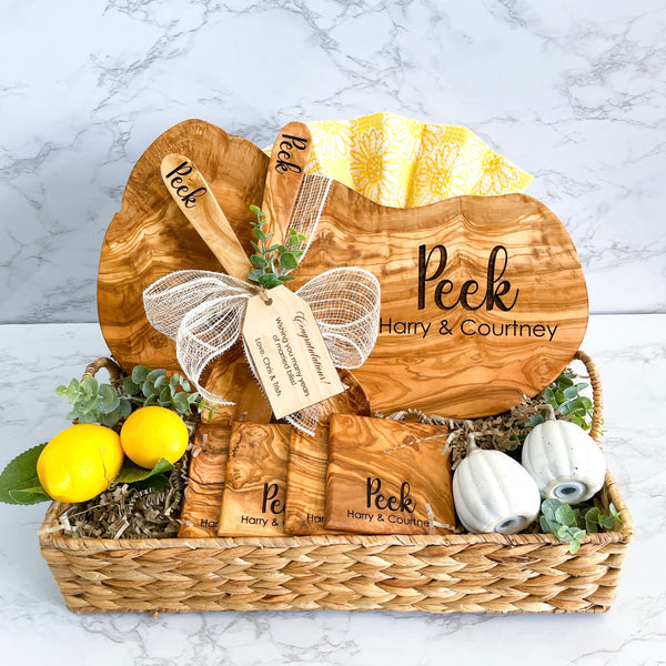 Personalized Olive Wood Cutting Board Basket Set handmade and custom engraved luxury charcuterie board perfect for weddings, anniversaries, or housewarming gifts includes elegant natural wood design ideal for entertaining and stylish home decor