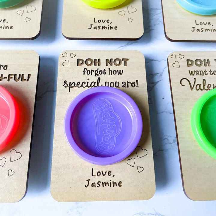 Personalized PLAY-DOH wood card set of six adorable Valentine’s Day classroom gifts for kids includes custom wooden playdough holders non-candy valentines perfect for toddlers and friends fun creative school favor idea for children