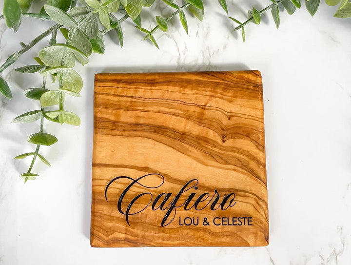 Personalized set of 4 Olive Wood Coasters handmade custom engraved luxury bar and drinkware accessory perfect for wine lovers, housewarming, wedding, or anniversary gifts elegant natural wood design ideal for kitchen or home decor