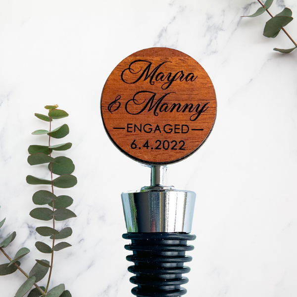 Personalized wine stoppers for engagement or wedding featuring full name custom engraved handmade bottle stopper perfect for couples luxury bar accessory elegant wine lover gift romantic keepsake for celebrating love, unity, and memorable occasions