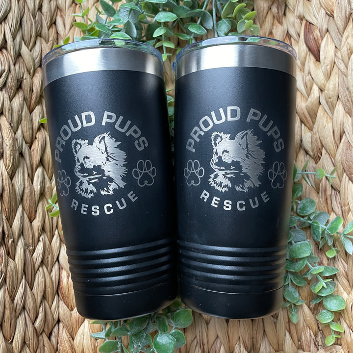 Proud Pups Rescue logo tumbler custom insulated stainless steel travel cup perfect for dog rescue supporters animal shelter volunteers or pet lovers reusable drinkware great fundraising merchandise gift promoting adoption awareness and community spirit