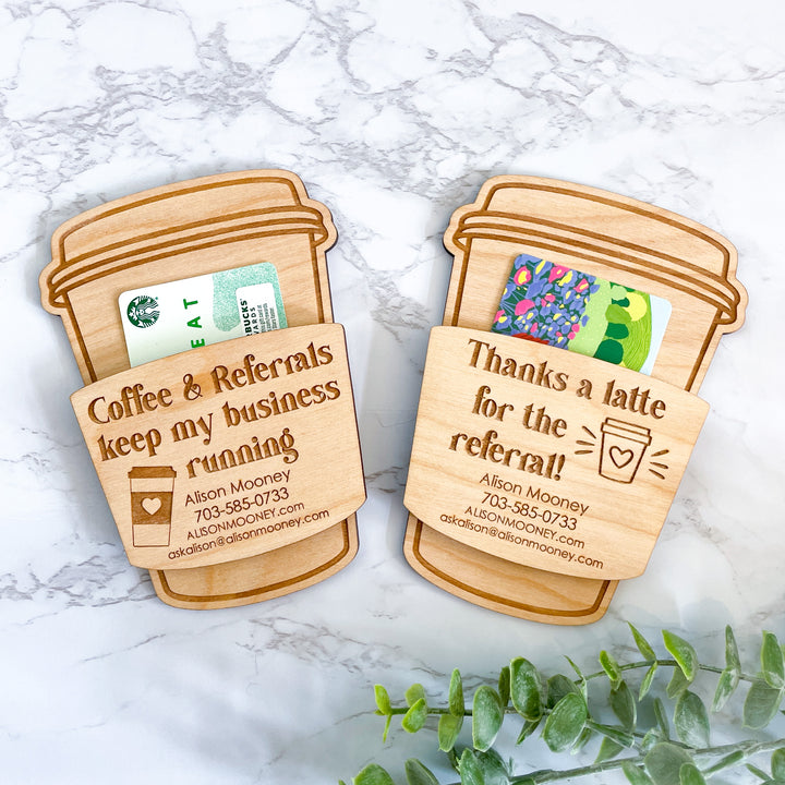 Real Estate Referral Coffee Gift Card Holder personalized for clients perfect realtor thank-you gift or housewarming present luxury barista-themed gift unique handmade card holder elegant business gifting solution showing appreciation and building lasting relationships