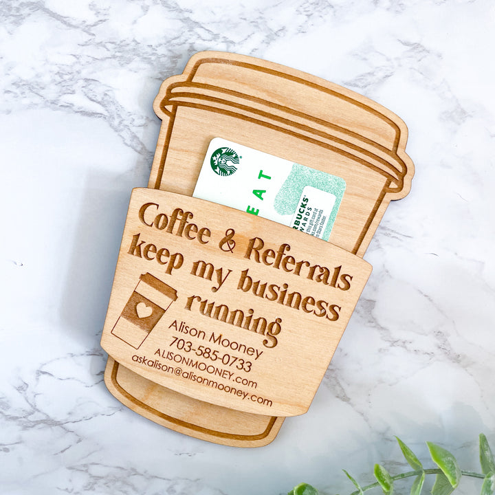 Realtor Real Estate Referral Coffee Gift Card Holder personalized for clients handcrafted luxury barista-themed card holder perfect for housewarming or thank-you gift elegant business gifting solution showing appreciation and maintaining strong client relationships
