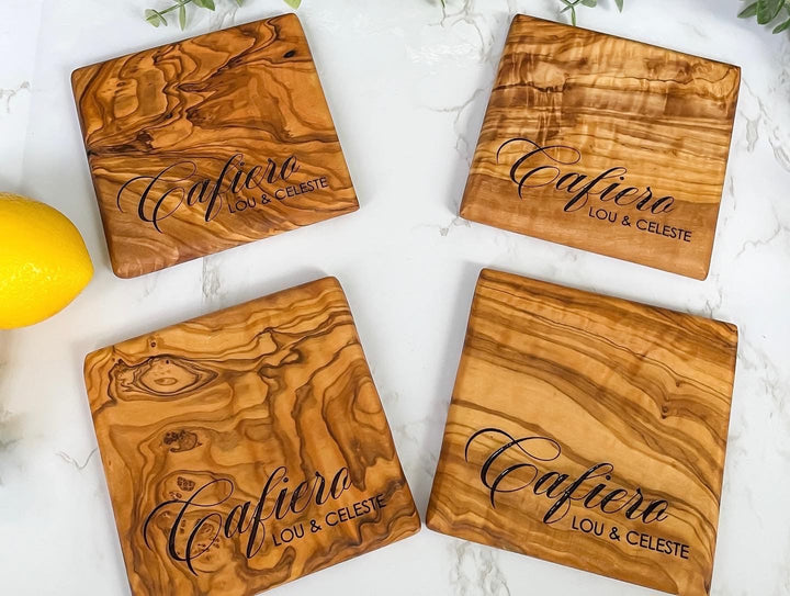 Set of 4 personalized Olive Wood Coasters handmade and custom engraved luxury drinkware and bar accessory perfect for wine lovers, housewarming, weddings, or anniversaries elegant natural wood design ideal for kitchen or home decor