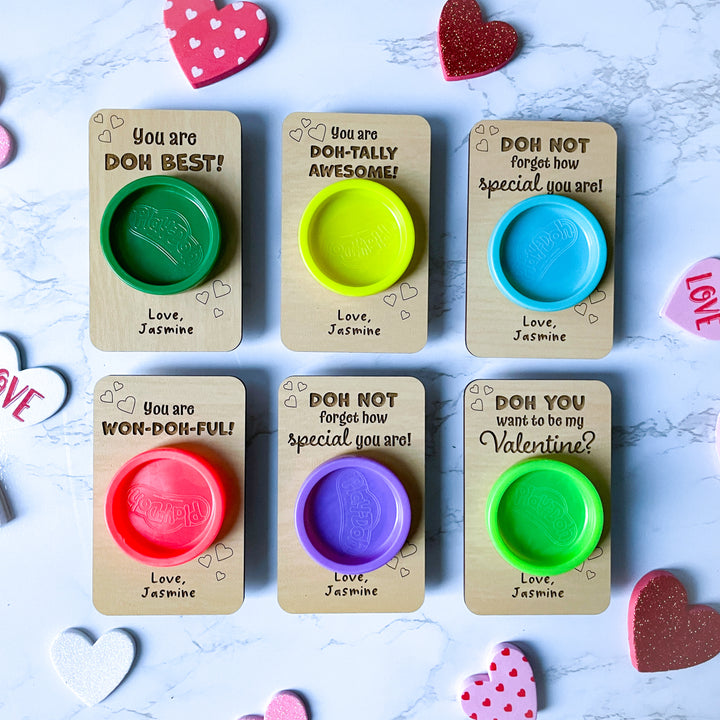 Set of six personalized Valentine’s Day PLAY-DOH wood cards unique classroom valentines for kids custom wooden playdough holders fun non-candy gift idea perfect for school parties toddlers and children personalized name design option available